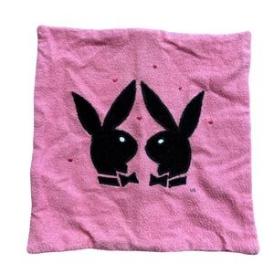 Vintage Playboy Bunny Pink Terry Cloth Throw Pillow Cover Embroidered Hearts